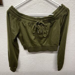 Better Be Women’s M Khaki Olive Green Off The Shoulder Cropped Sweatshirt